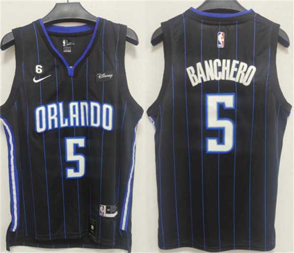 Mens Orlando Magic #5 Paolo Banchero Black With No.6 Patch Icon Edition Stitched Swingman Jersey